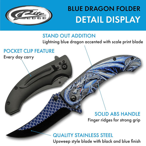 SZCO Supplies 300551-BL Blue Dragon Assisted Open Liner Lock Edc Upsweep Folding Knife, 8" Length