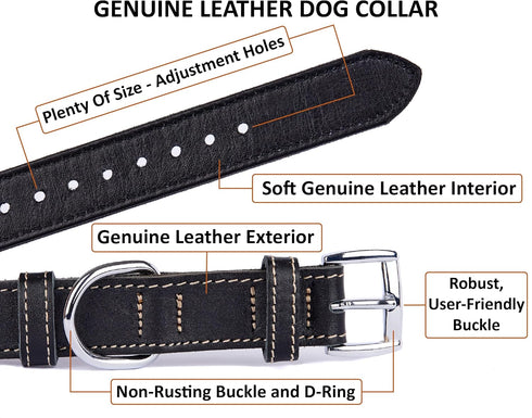 Soft Leather Dog Collar - Durable Heavy Duty Collars for Small, Medium, Large Dogs