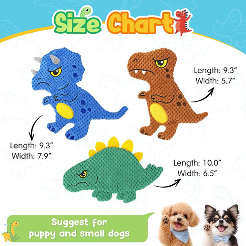 3-Pack KIPRITII Dinosaur No-Stuffing Dog Squeaky Toys to Keep Dogs Busy, Puppy Toys for Interactive Play & Boredom