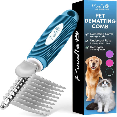 Poodle Pet Dematting Fur Rake Comb - Dog and Cat Comb with Long Steel Safety Blades for Detangling