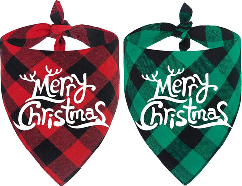 Malier 2 Pack Dog Bandanas, Christmas Classic Buffalo Plaid Triangle Bibs for Small Medium Large Dogs (Christmas 1,