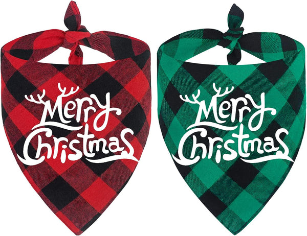 Malier 2 Pack Dog Bandanas, Christmas Classic Buffalo Plaid Triangle Bibs for Small Medium Large Dogs (Christmas 1,