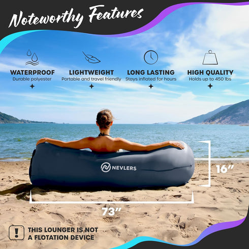 210T 450 lbs. Nevlers Navy Inflatable Couch Air Sofa | Polyester Blow Up Chairs | No-Pump Inflatable Lounger | Air