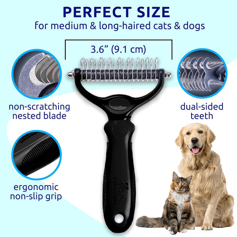 Pat Your Pet Deshedding Dog Brush - Double Sided Undercoat Grooming Rake for Dogs & Cats, Dematting Comb and Shedding Tool, Extra Wide, Black