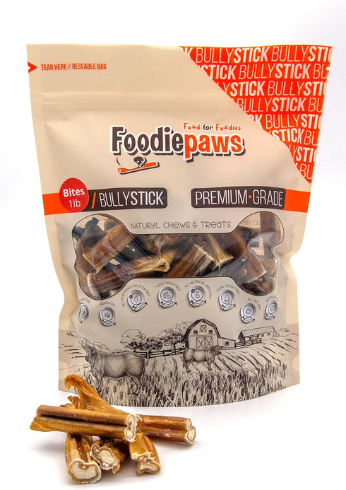 All Natural Bully Sticks Bites, Odor Free, USA Packed, 1lb, 1 Count, Single Ingredient Dental Dog Chews for Medium,