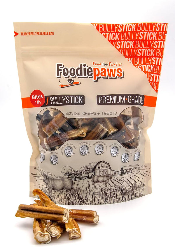 All Natural Bully Sticks Bites, Odor Free, USA Packed, 1lb, 1 Count, Single Ingredient Dental Dog Chews for Medium,