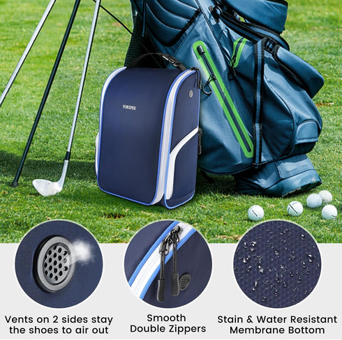 YOREPEK Golf Shoe Bag, 3 Pockets for Socks, Gloves, Tees, Balls, Brush, Zippered Sport Carrier with Ventilation