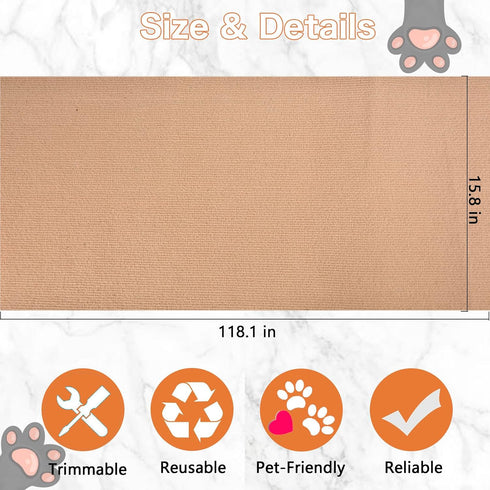 Cat Scratching Mat - 118"x16" Trimmable Cat Scratching Carpet Mat, Large Self-Adhesive DIY Cat Scratch Mat Roll, Cat Tree Shelves Replacement Mat Pad, Couch Furniture Protector, Toy Ball&Strong Tape