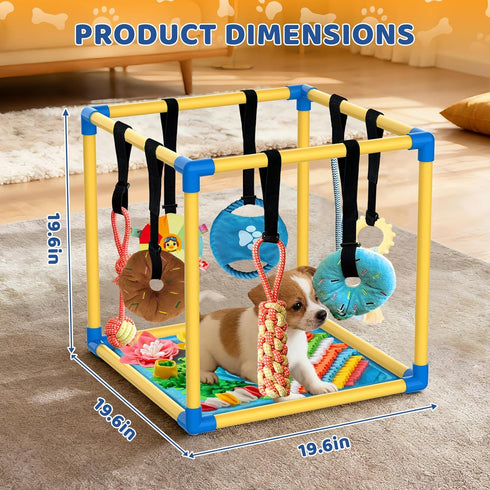 8 (Yellow,19.6 19.6 19.6 inch) Puppy Play Gym with Snuffle Mat & Hanging Toys Indoor Play Gym Interactive Dog Toys