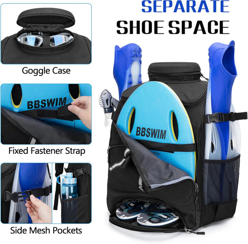 Swim Backpack for Swimmers, Equipment Bag with PVC Transparent Bag for Workout Gear, Black