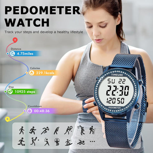 Counter Countdown TimerTU-2401 Women's Step Pedometer Watch with Stainless Steel Bracelet, Stylish Design, No App, No