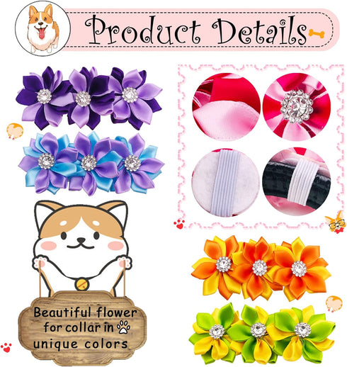10 Pcs 4.4" Flowers Small Dogs Collar Charms, Multi-Color Slides Bow Ties Rhinestones for Pet Wedding Birthday