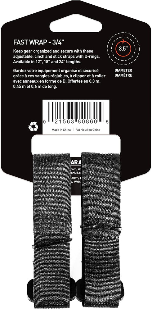 GEAR AID ¾” Fast Wrap - Adjustable Cinch-and-Stick Straps with D-Ring for Gear Organization, 12” Length