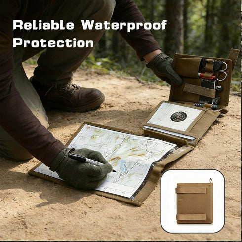 Cxomnndiw Waterproof Map Case for Land Navigation Kit - Khaki Tactical Military Pouch, Oxford+TPU, Foldable with Clear