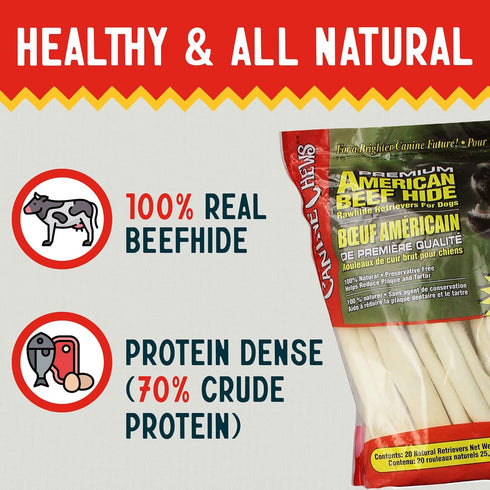 Canine Chews 10-11" Dog Rawhide Retriever Rolls - 100% USA-Sourced Natural Beef Raw Hide Bones for Large Dogs (20 Pack)