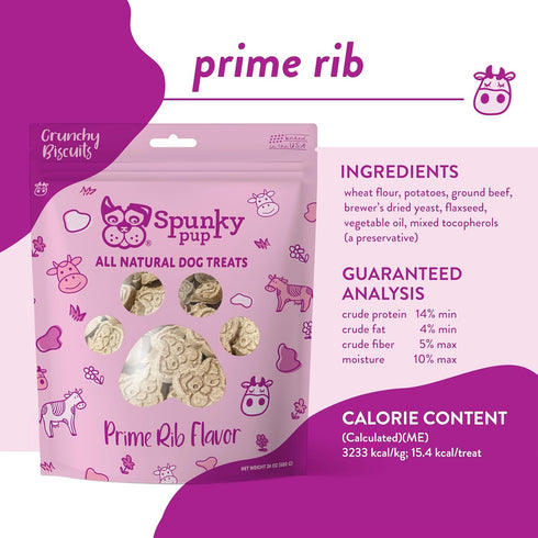 Spunky Pup Every Day Biscuit Dog Treats, All-Natural, 24 oz Resealable Pouch, Prime Rib Flavor