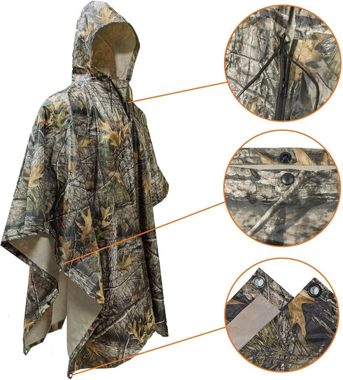 LOOGU Waterproof Rain Poncho Hooded Multi-Use Camo Rain Coat Shelter Ground Sheet for Hunting Camping Hiking