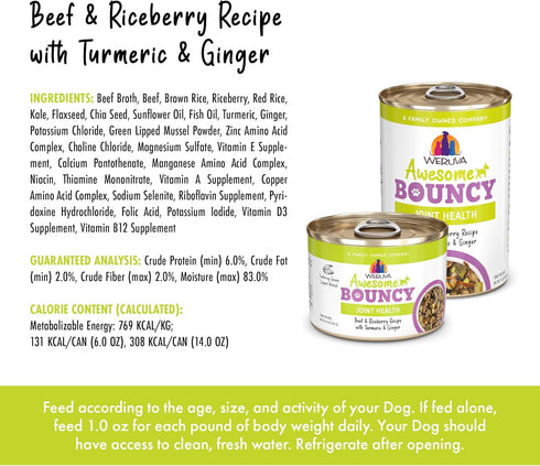 6oz (Pack 8) Weruva Awesome Bouncy Wet Dog Food, Beef & Brown Rice, Can