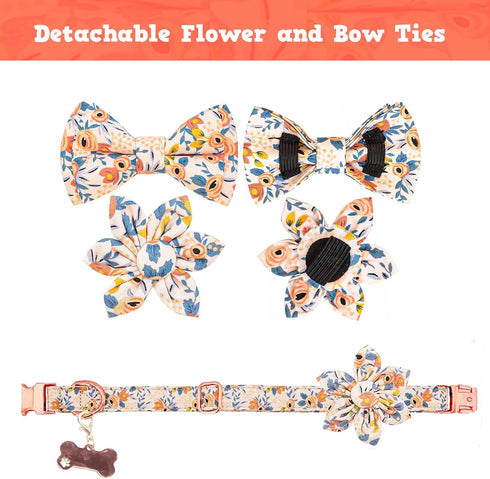 Cute Girl Dog Collar and Leash Set - Adjustable Floral Collar with Flower Bowtie and Metal Buckle for Small Medium