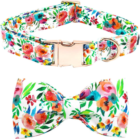 Soft Cute Dog Collar with Bow Tie, Flowers Print Adjustable Pet Collar with Metal Buckle, Gift Collar for Medium Dogs