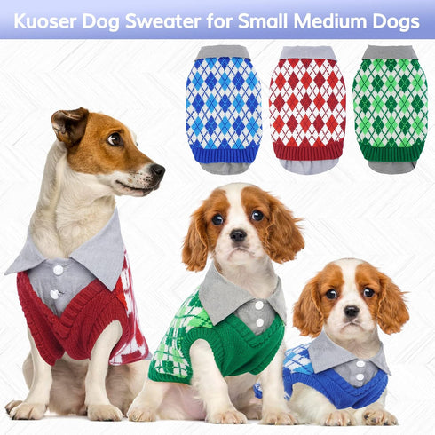 Kuoser Plaid Dog Sweater, Warm Patchwork Design Knitwear for Small Medium Dogs (XS, Red)