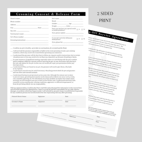 Pet Grooming Intake Forms, Consent & Release, Matted Coat Clip-Off Agreement, Pet Report Card | 50 pk, 8.5x11”