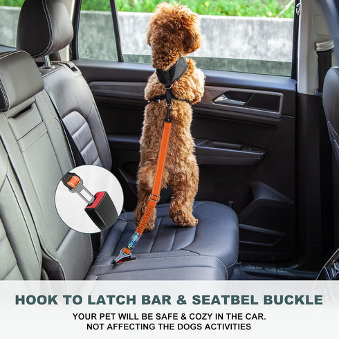 Dog Seat Belt 3-in-1 Car Harness for Dogs - Adjustable Safety Seatbelt for Car with Reflective Bungee Fabric, Clip Hook
