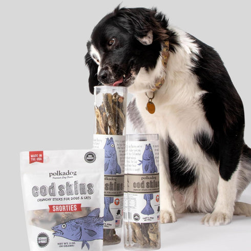 Polkadog Cod Skins for Dogs (2oz Shortie) - Single Ingredient Wild-Caught Fish Skin Dog Treats, Grain Free