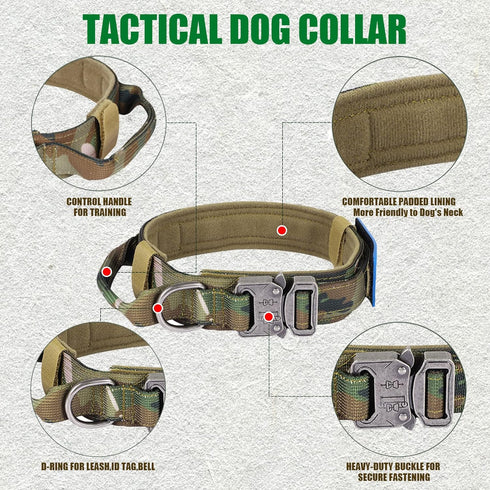 Tactical Dog Collar Military Dog Collar Adjustable Nylon Dog Collar Heavy Duty Metal Buckle with Handle for Dog Training,with Patches (Camo, XL)
