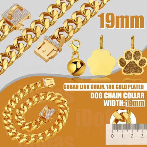 Designer Luxury Dog Chain Collar in Gold with CZ Buckle, 19mm Cuban Link for Small, Medium, Large Dogs with Tag & Bell