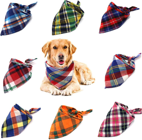 VIPITH 8 Pack Triangle Dog Bandanas, Reversible Plaid Painting Bibs Scarf Large Dog