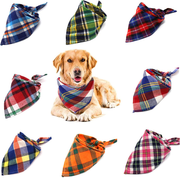 VIPITH 8 Pack Triangle Dog Bandanas, Reversible Plaid Painting Bibs Scarf Large Dog