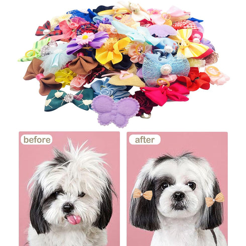 100pcs/50pairs Dog Hair Bows, Grooming Bulk with Rubber Bands in Mixed Colors, Toknot Bowknot Elastic for Small Medium