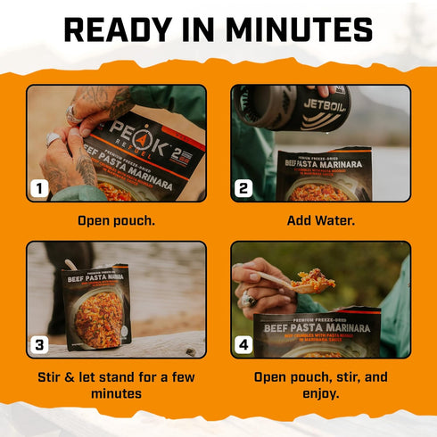 49g 1040 100% Backpacking 2 (2 Peak Refuel Beef Pasta Marinara | Protein | Calories | Real Meat | Premium Freeze Dried