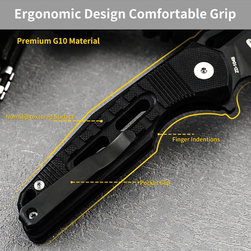 HX OUTDOORS Premium D2 Steel Folding Pocket Knife with Lock, Non-Slip G10 Handle and Pocket Clip (Black)