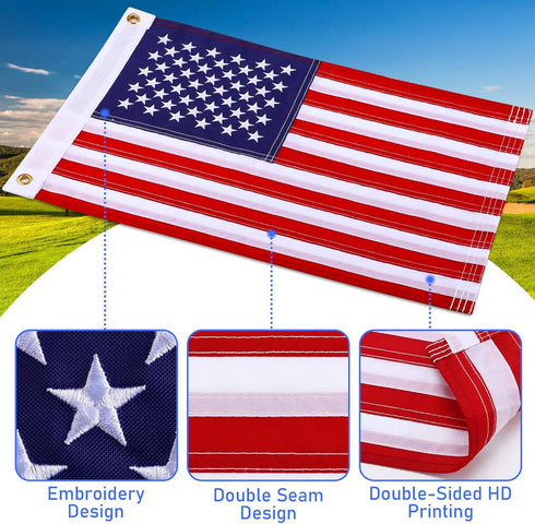 TOBWOLF 2PCS 12" x 18" Golf Cart Flags - Easy Installation Embroidery American Flags with Elastic Strap Bracket