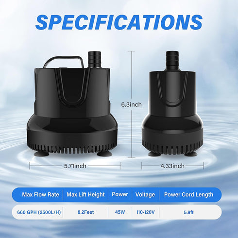 Simple Deluxe 660GPH Submersible Water Pump, 2500L/H 45W, 3 Nozzles, 8.2ft High Lift for Aquarium, Pond, Hydroponics