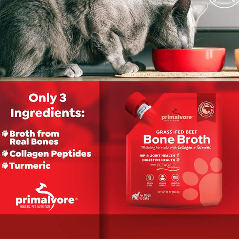 Primalvore Grass-Fed Beef Bone Broth for Dogs & Cats, Mobility Formula, 6 Pack, Made in USA