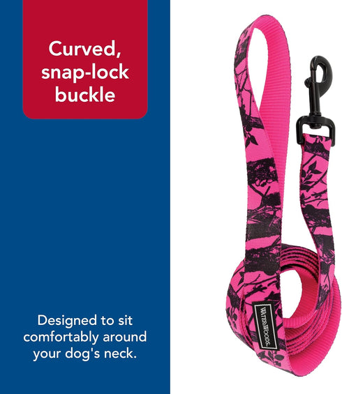 Water & Woods Blaze Patterned Dog Leash, 1" x 6', Neon Pink Tree, Comfortable Handling with Bolt Swivel Snap