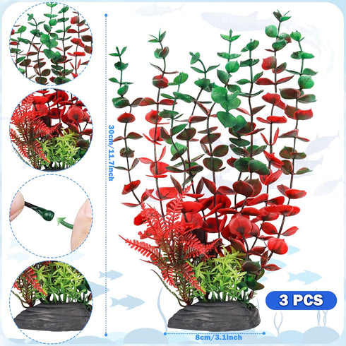 QUOZUO 3pcs Aquarium Large Plants Decoration, Aquarium Decorations Artificial Plastic Plants, Dark Red Fish Tank
