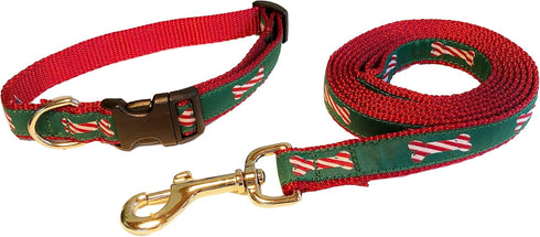 Preston Peppermint Stick Dog Collar and Leash Set for Christmas - Candy Cane Design on Green Ribbon (Small)