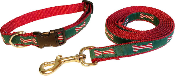 Preston Peppermint Stick Dog Collar and Leash Set for Christmas - Candy Cane Design on Green Ribbon (Small)