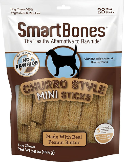 SmartBones Churro-Style Mini Sticks, 28 Count, Real Peanut Butter, Rawhide-Free Chews for Dogs, 7.90 Ounce (Pack of 1)