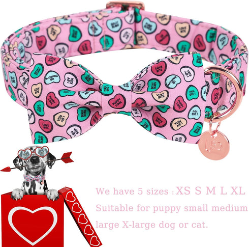 Valentine Dog Collar with Bow Tie, Cotton Pink Collar for Puppy Girl Boy Dog or Cat, XS, Neck 8-12in