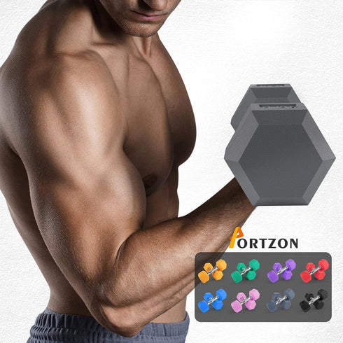 Portzon Rubber Dumbbell Weight Set, 2 Pcs, 5-50 LB, Anti-Slip, Anti-roll, Hex Shape
