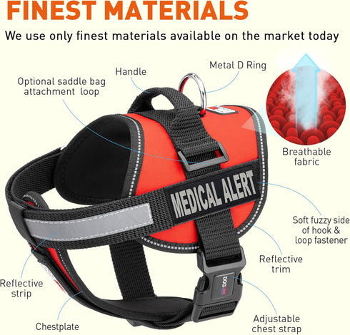 Dogline Vest Harness for Dogs with 2 Removable Medical Alert Patches, Large (28 to 38", Red)