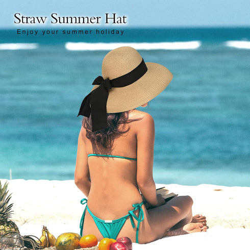 Surblue Straw Summer Hat, Women's Floppy Sun Hat with Wide Brim and Bow