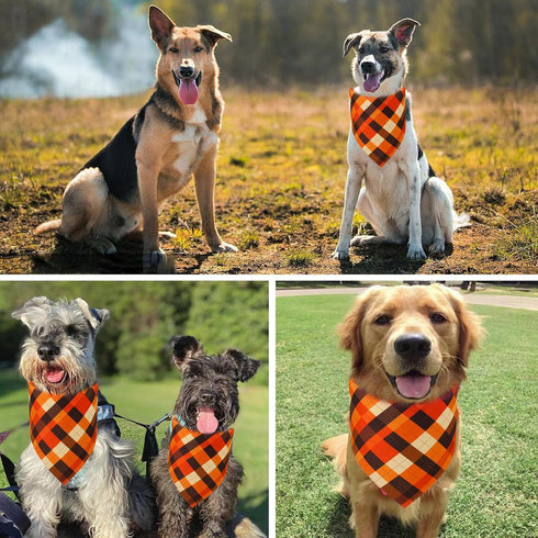 PRITIWEL 2PCS Fall Dog Bandanas Halloween Dog Bandanas Fall Scarf for Boy and Girl Plaid and Stripe Triangle Reversible