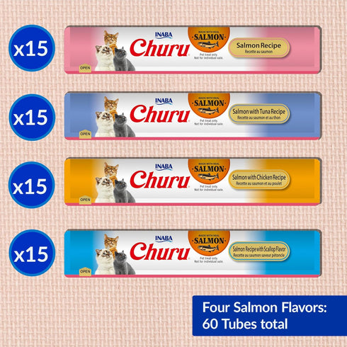 0.5 60 INABA Salmon Churu Cat Treats, Lickable, Squeezable Creamy Pure Cat Treat with Green Tea Extract & Taurine