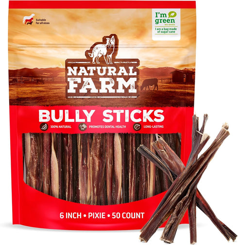 Natural Farm Bully Sticks (6 Inch, 50 Pack), Thin Pixie Pizzle Beef